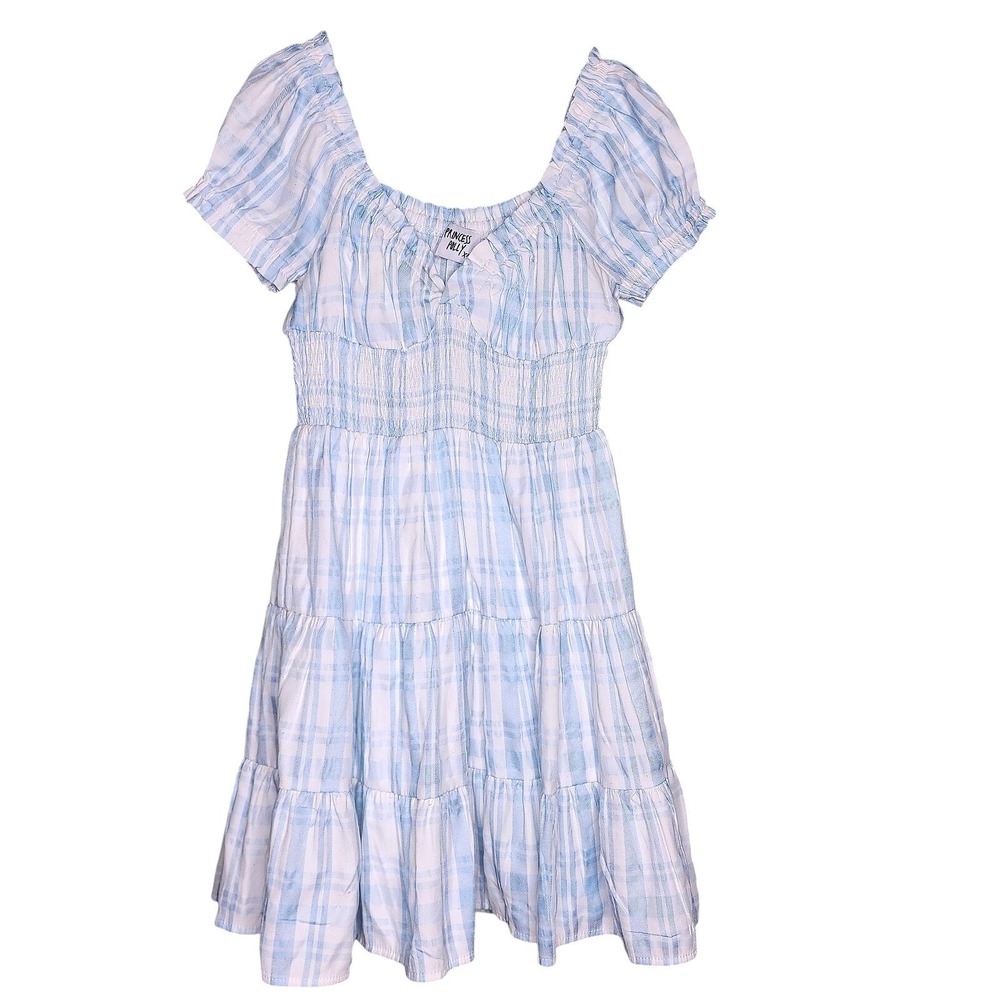 Princess Polly Boho Cottage Tiered Mini Dress Blue White Plaid Smocked Peasant 6